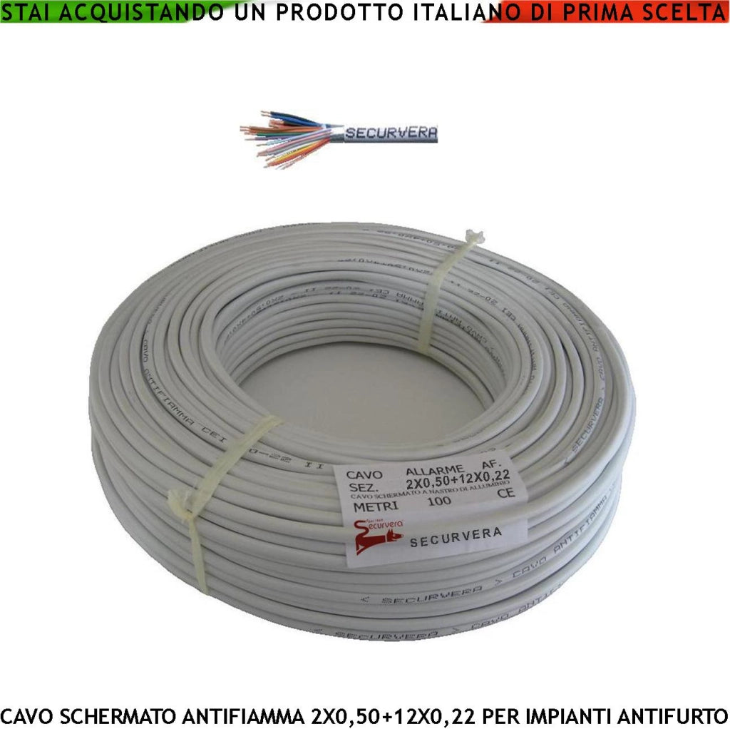 Cavo Schermato Flessibile Antifiamma 2X0,50+12X0,22 mm² Guaina PVC Bianco Prot. Alluminio/Poliestere Drenaggio Conduttori a Coppie Fili 7 Ø 0,19 mm Per Impianti di Allarme Antifurto Norma CEI20/22-III