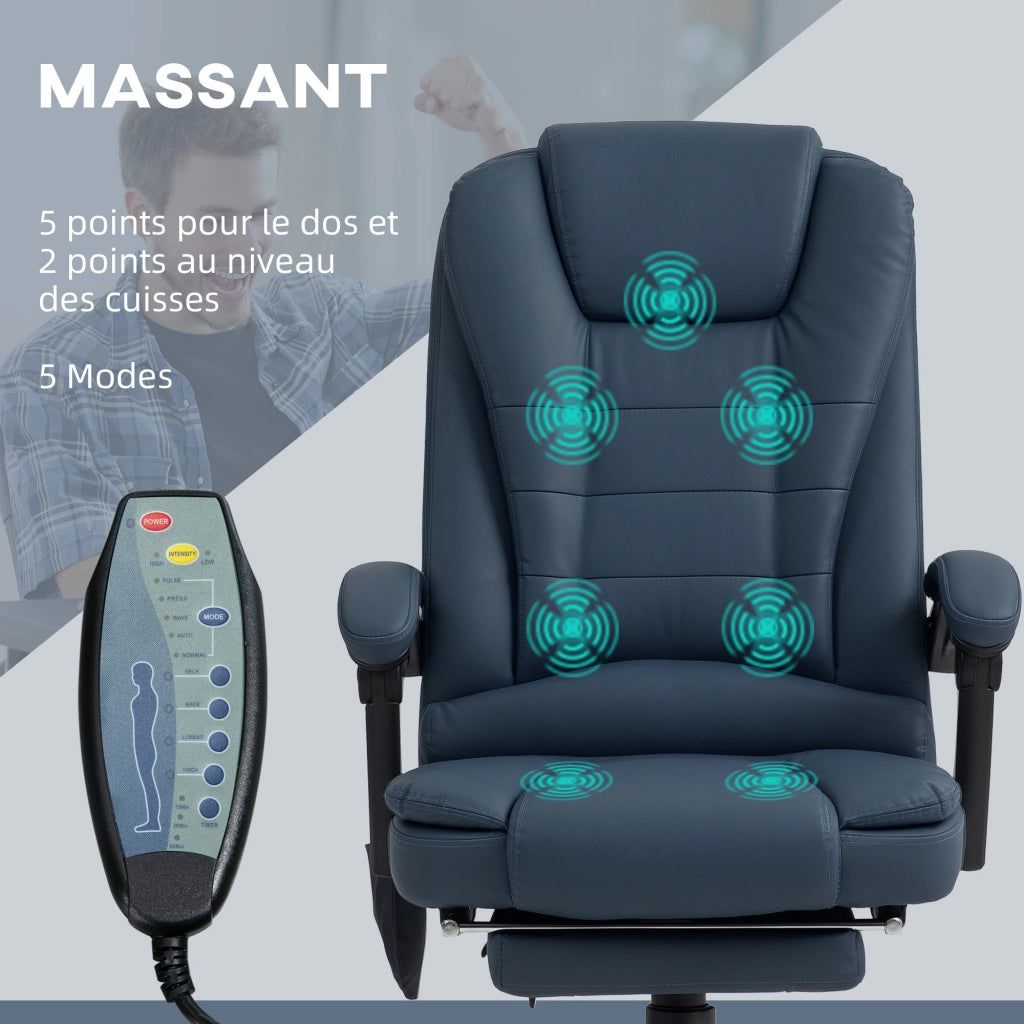 Poltrona da ufficio direzionale massaggiante blu con telecomando altezza regolabile e poggiapiedi retrattile per studio