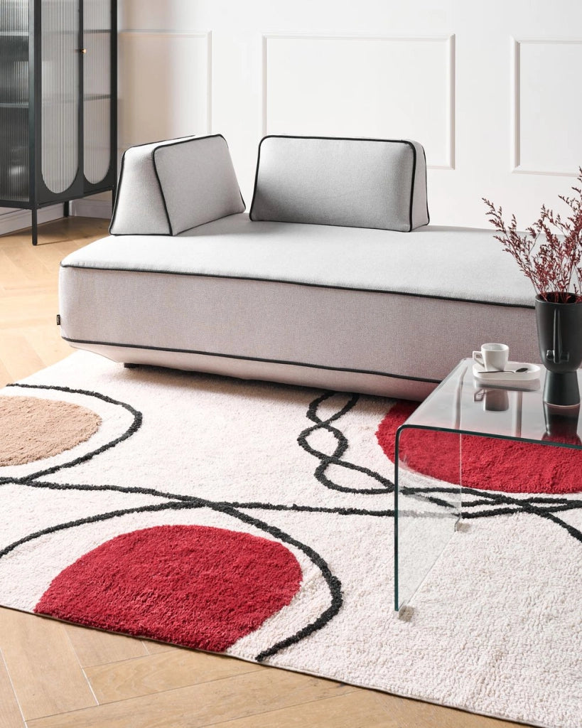 Tappeto da soggiorno cotone beige e rosso motivo astratto 160 x 230 cm nappe soggiorno camera da letto divano