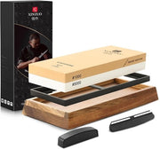 Slijpsteen dubbel faccia con grana 1000/5000, set di pietre di abrasione professionale, smerigliatrice 2 in 1 con base antiscivolo in legno di acacia, pietra abrasiva a faccia di diamante, guida angolare