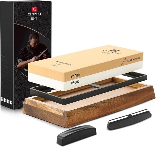 Slijpsteen dubbel faccia con grana 1000/5000, set di pietre di abrasione professionale, smerigliatrice 2 in 1 con base antiscivolo in legno di acacia, pietra abrasiva a faccia di diamante, guida angolare