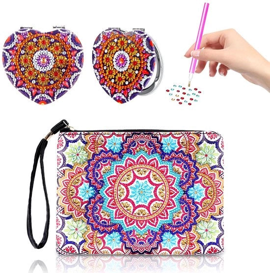 Set di pittura a diamanti per borse 5D con pittura a diamanti per bambine di 6-12 anni DIY pittura a diamanti piccola borsa cosmetica con specchio per bambine