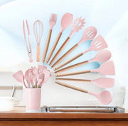 Set di 12 accessori da cucina, silicone, anticongelante, resistente al calore, accessori da cucina, set con manico in legno, rosa