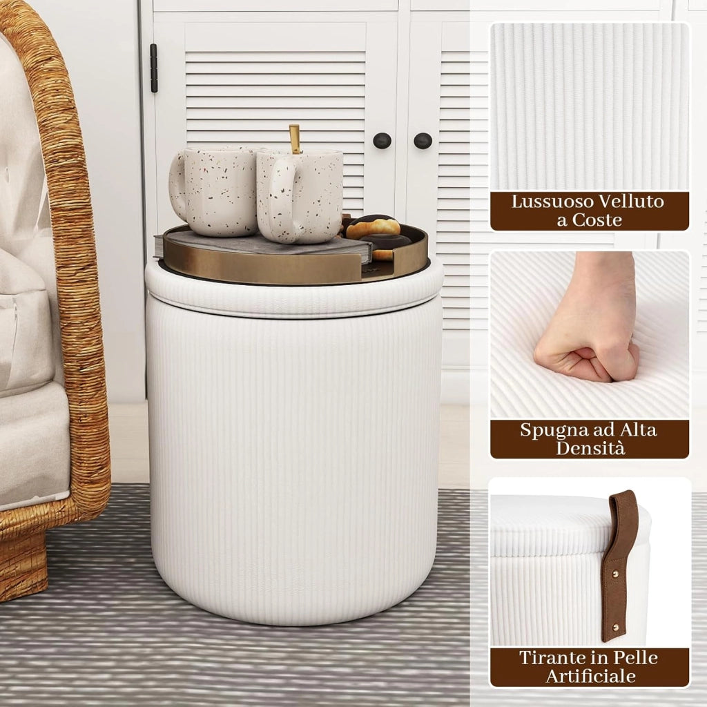 Set di 2 Pouf Contenitore in Velluto, Pouf Rotondi Imbottiti da 40L + 25L, Sgabelli con Contenitore per Soggiorno, Camera da Letto, Portata 150 kg (Bianco)
