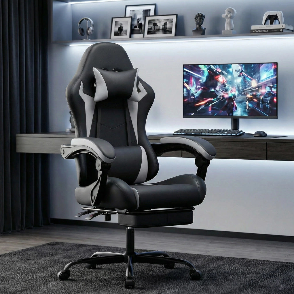 Sedia da gaming ergonomica con poggiatesta e supporto lombare; reclinabile; nero bianco