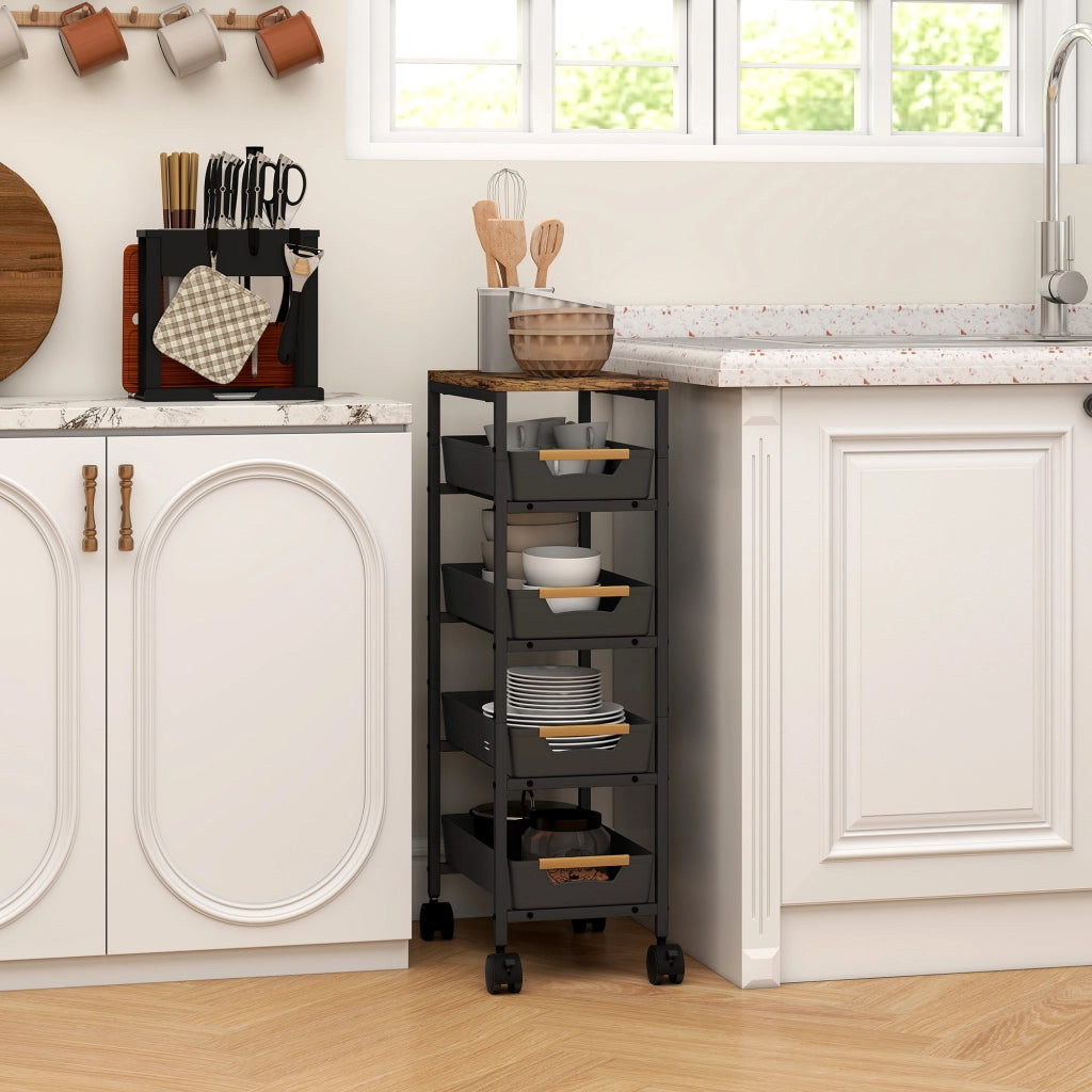 Carro da cucina con cassetti e ruote ¨C Zephmum ¨C Nero eff. legno 39.5x24x82 cm