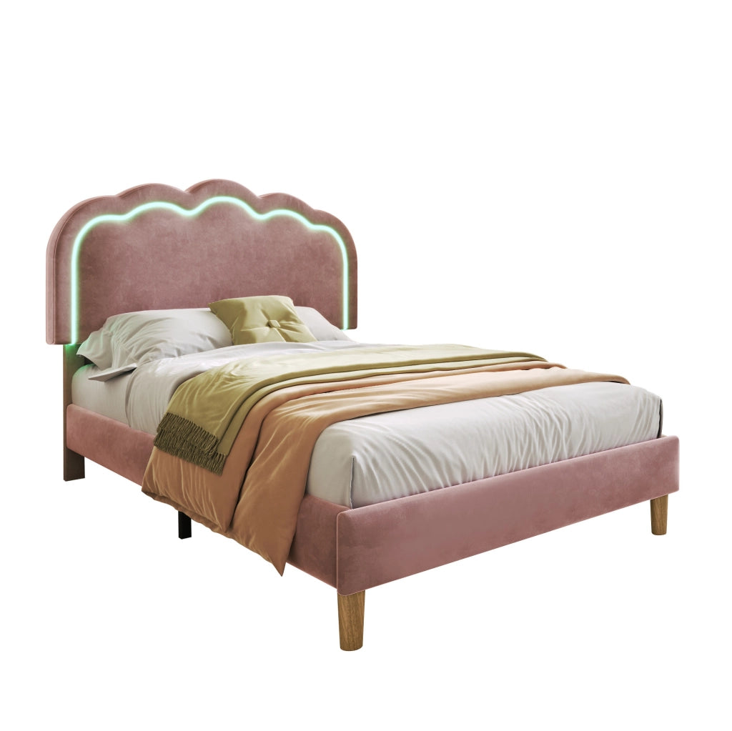 Letto singolo 90x190 cm; testiera LED regolabile; velluto rosa (Senza materasso)
