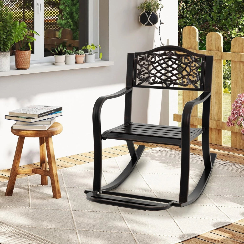 Sedia a dondolo in alluminio pressofuso, sedia a dondolo da giardino con bilanciamento morbido, poltrona da patio con poggiapiedi, schienale alto, carico 150 kg, 91 x 62 x 86 cm