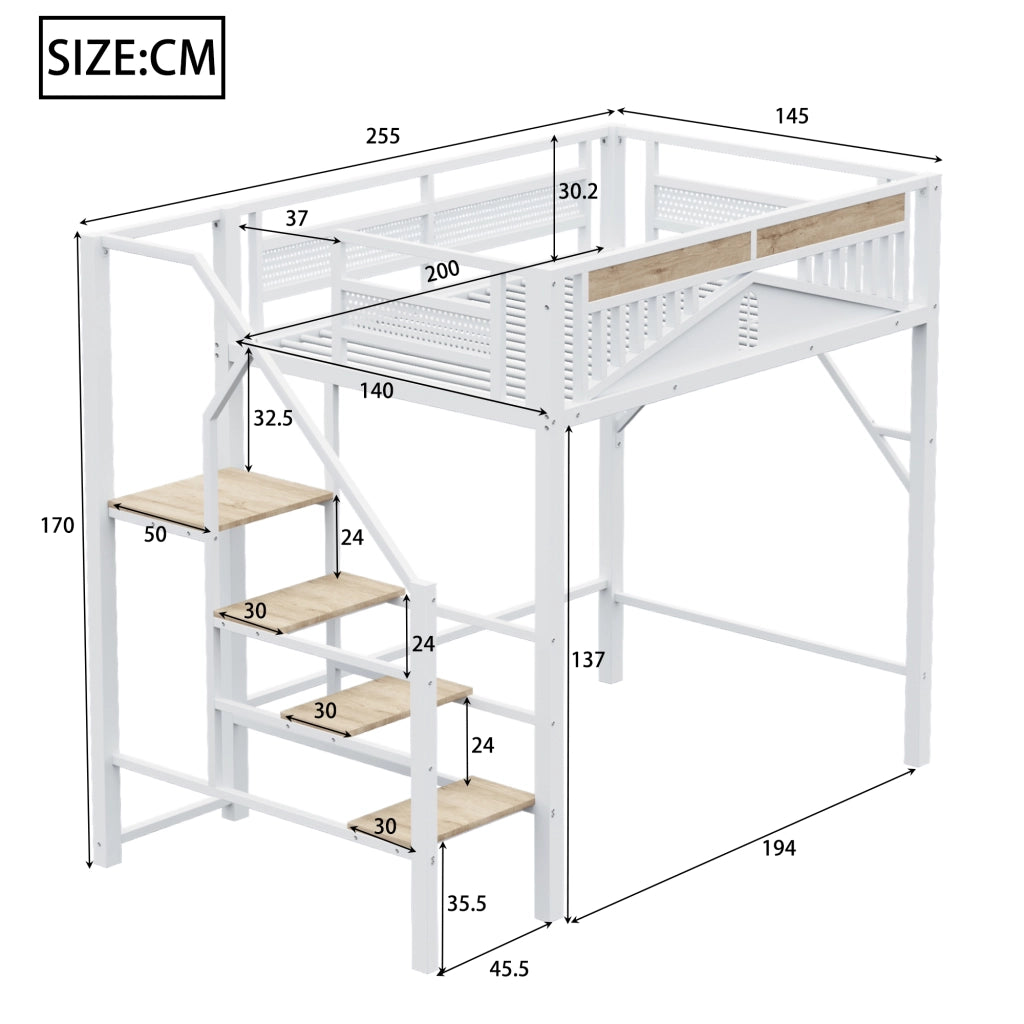 Letto a soppalco in metallo 140x200 cm con scala di sicurezza, finestra decorativa e spazio contenitore, bianco
