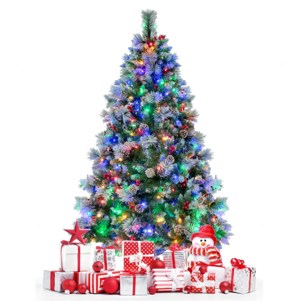 Albero di Natale pre-illuminato con aghi di pino luci led, Albero di natale artificiale incernierato da 185cm-Alberi di Natale