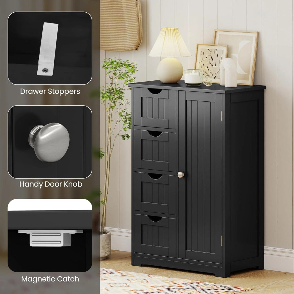 Armadietto portaoggetti da bagno con cassetti, organizer con 4 cassetti, ripiano regolabile, dispositivo anti-ribaltamento, console per ingresso, mobile da pavimento del bagno (nero)
