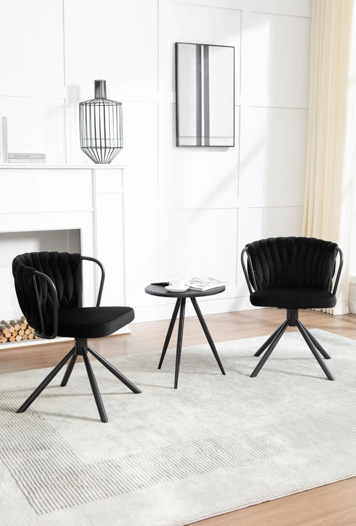 Sedia da Pranzo Girevole Set di 2, Poltrona Imbottita con Schienale Intrecciato e Gambe in Metallo, Sedia Scandinava, Velluto,Nero EZS72sz-2