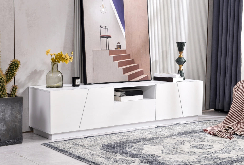 Mobile TV moderno in MDF bianco con design a patchwork diagonale, 170x42x37 cm