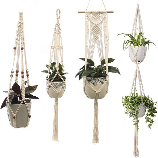 Set di corda macramé per piante da 4 - Vassoio per piante appeso con 4 gambe - Supporto per piante artigianale - Vaso decorativo per interni ed esterni - Arredamento per la casa