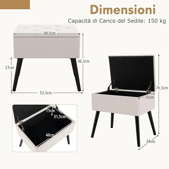 Sgabello da Toeletta con Contenitore, Pouf in Velluto con Gambe in Legno Massello & Seduta Imbottita per Cambio Scarpe, Poggiapiedi Moderno per Camera da Trucco, Ingresso (Beige)