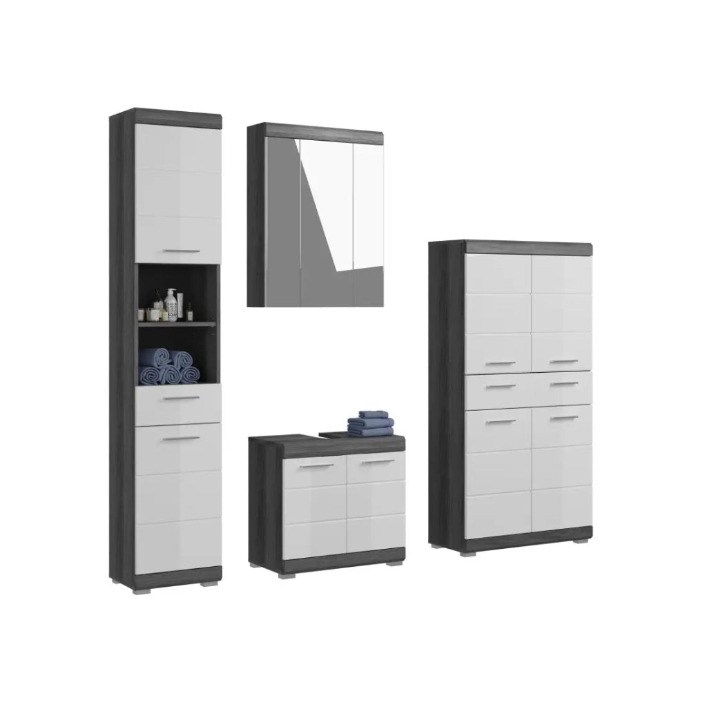 Set bagno SCOTT – Mobile sottolavabo, colonna, specchiera e mobiletto – Grigio scuro e bianco