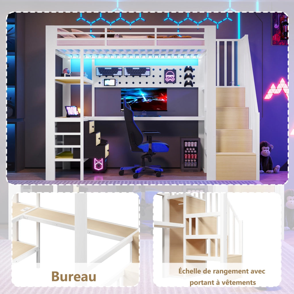 Letto a soppalco in metallo con scrivania e LED, 90x200 cm, bianco
