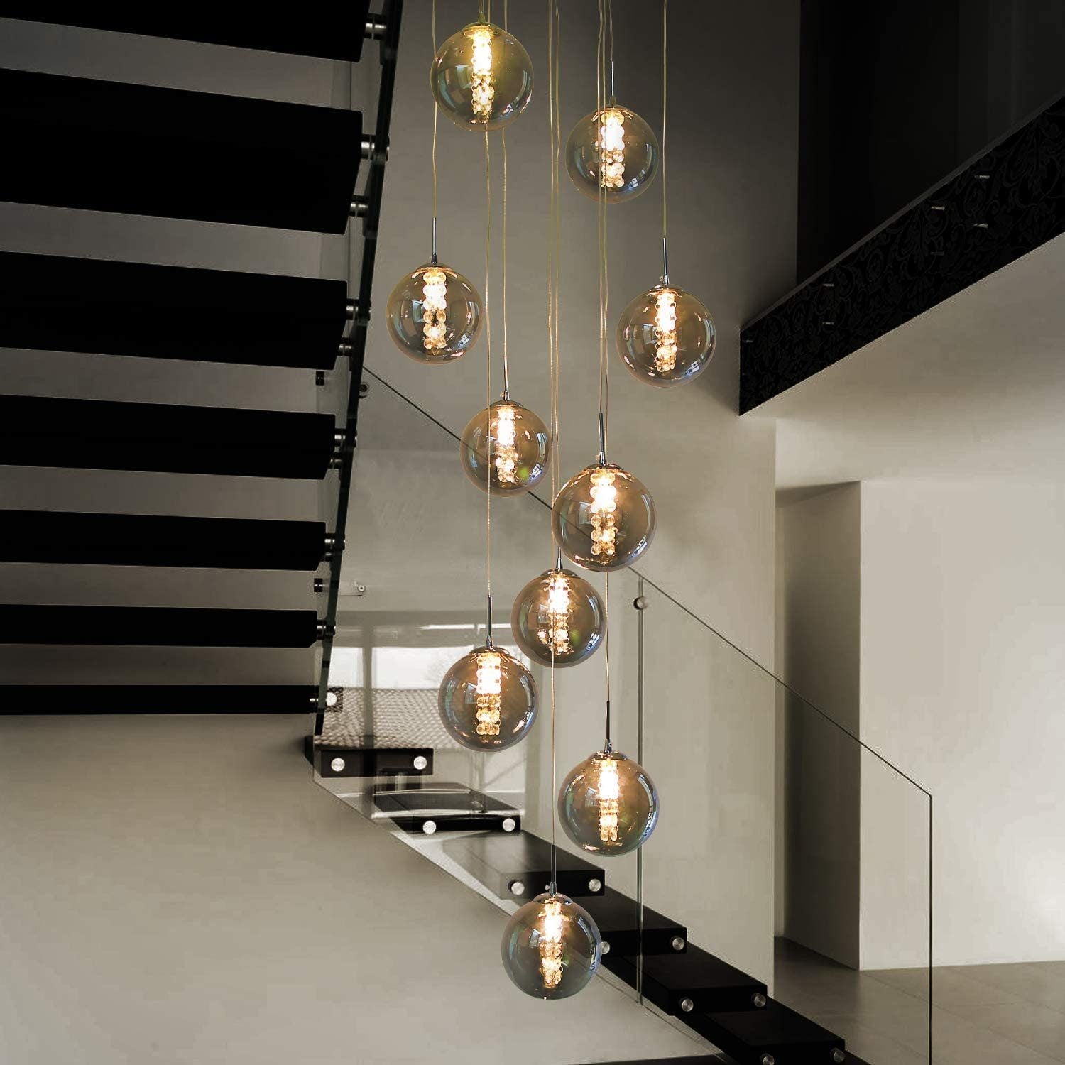 ZMH Lampada a sospensione da pranzo a 10 luci, cristallo grigio, regolabile in altezza