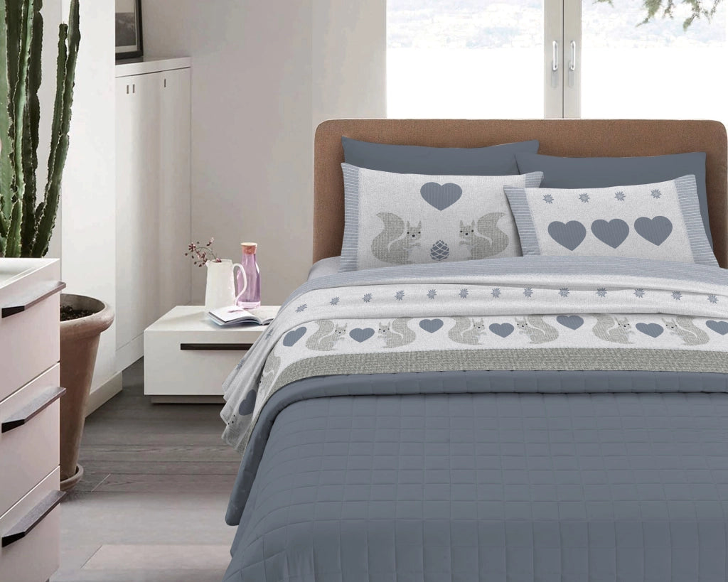 Completo Letto in Flanella Calda e Morbida Anti Pilling - Set Flanellato 3 Misure parure con Federe - Scoiattolo grigio - 1 Piazza e mezza
