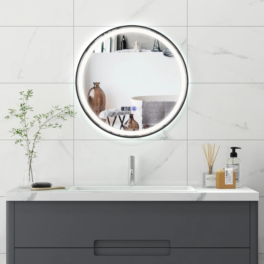 Specchio da Bagno a LED 60x60cm Rotondo, Specchio a Parete con Luce a 3 Colori, 3000-6500K, Dimmerabile, Funzione Anti-appannamento e Memoria, Lettura di Tempo e Temperatura e Antideflagrante