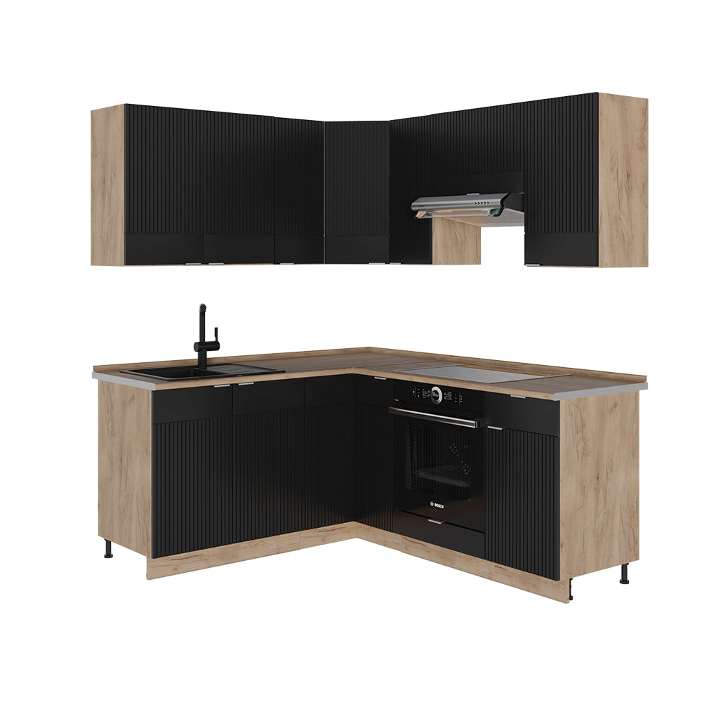 Vicco Cucina angolare completa Rovere nero rigato/oro 160 x 60 cm senza piano di lavoro