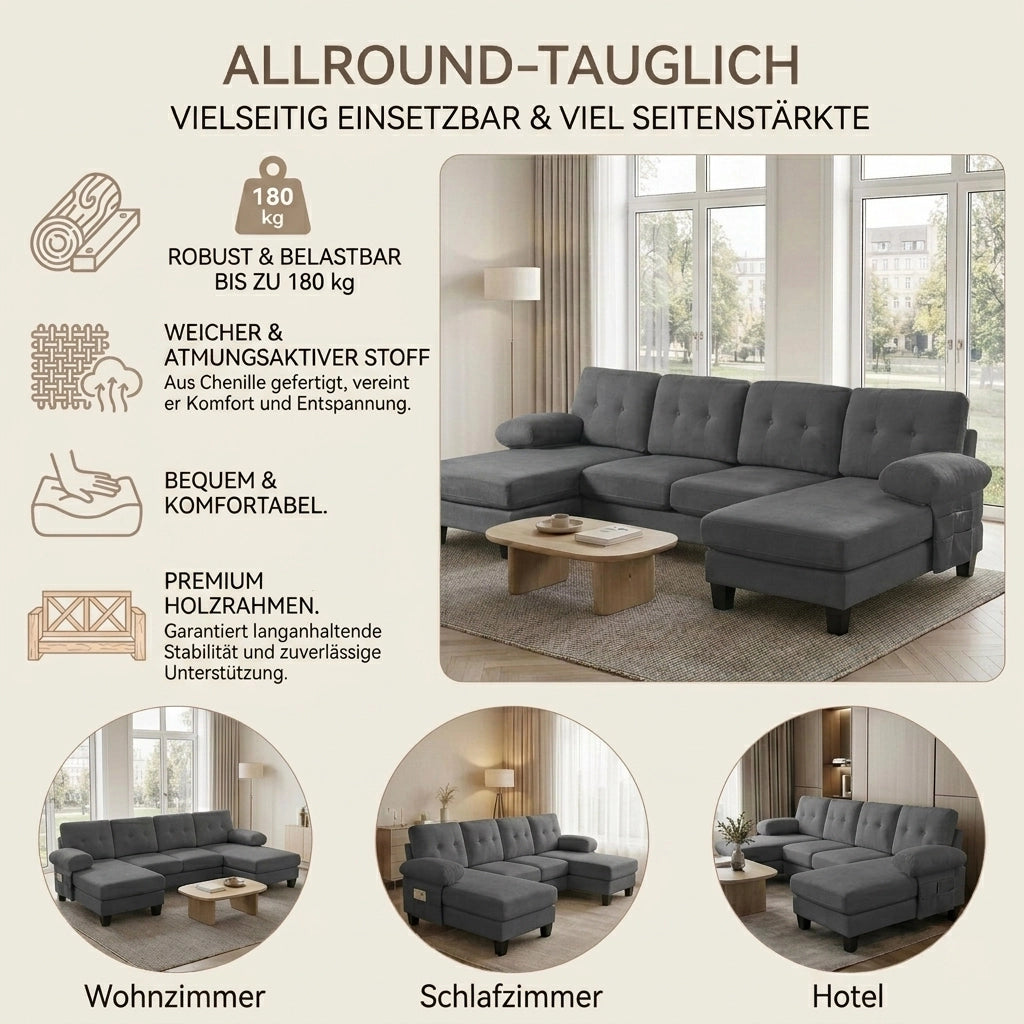 Divano con chaise-longue su entrambi i lati in chenille, tasche laterali, braccioli rimovibili con zip, grigio 268 × 128 × 84 cm