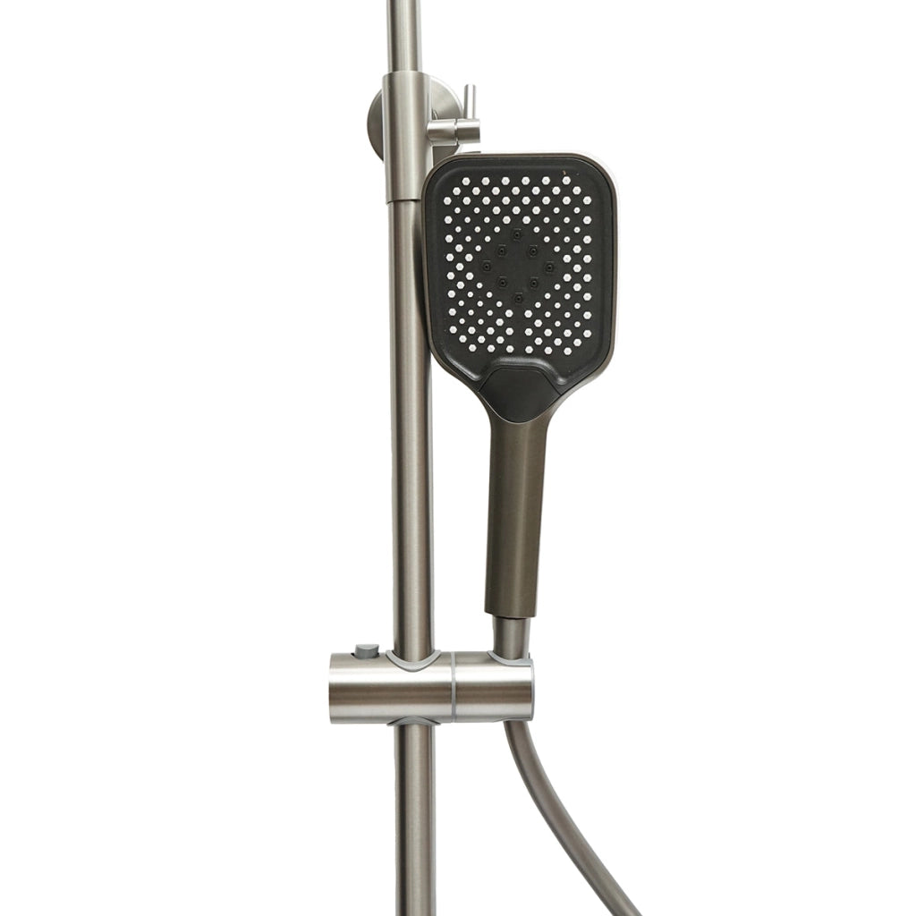 Set doccia multifunzionale con termostato, display digitale della temperatura dell’acqua, 4 funzioni di erogazione dell’acqua, bocca per vasca, soffione rettangolare, doccetta a mano, doccia bidet, colore grigio.
