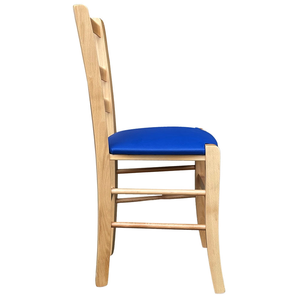 Sedia legno venezia color naturale con seduta similpelle imbottita blu