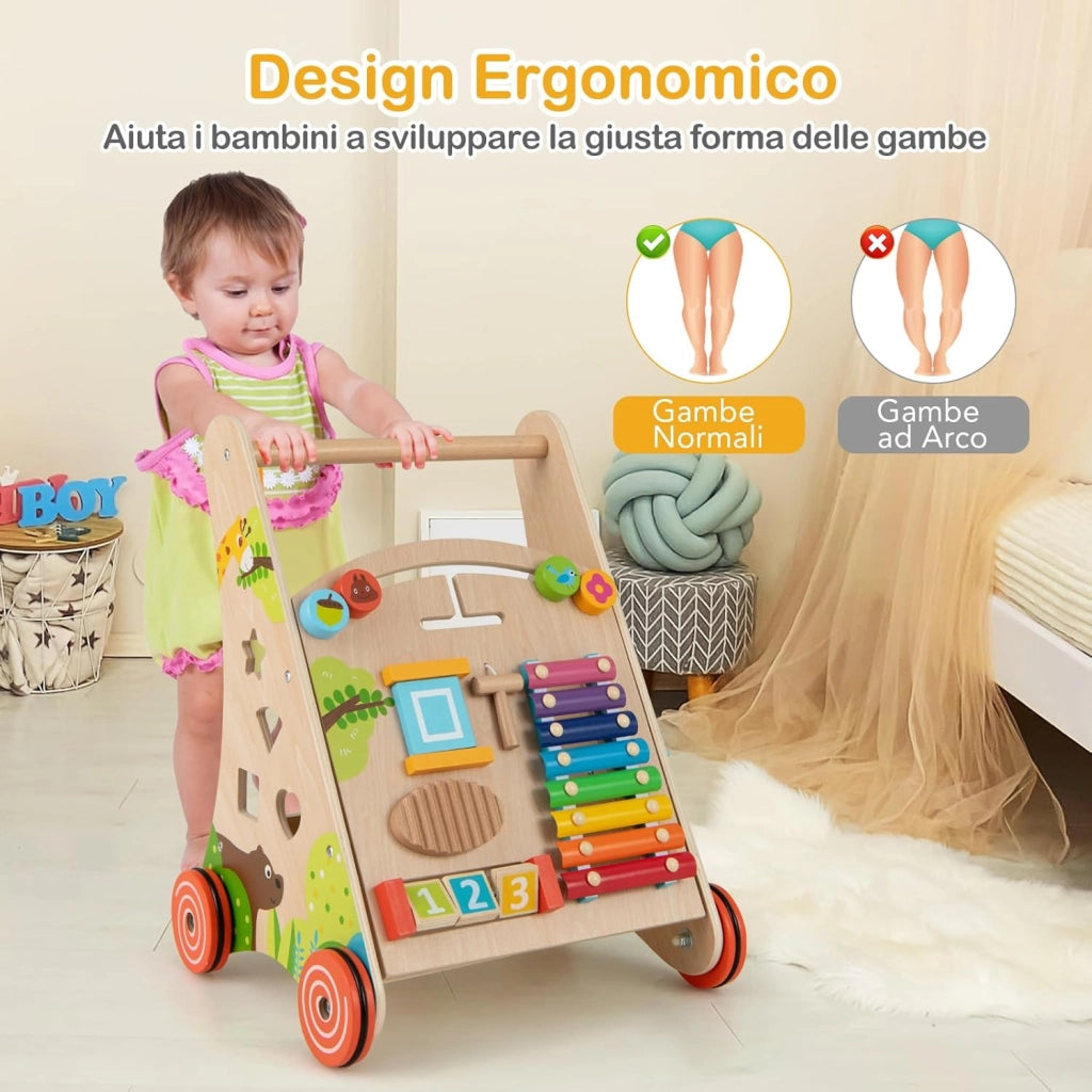 7 in 1 Girello per Bambini in Legno, Carrellino Primi Passi con Manico, Contenitore e Ruote, Giocattolo Montessori da Spingere e Tirare, Gioco Educativo per Bambini 3 + Anni (Modello 2)