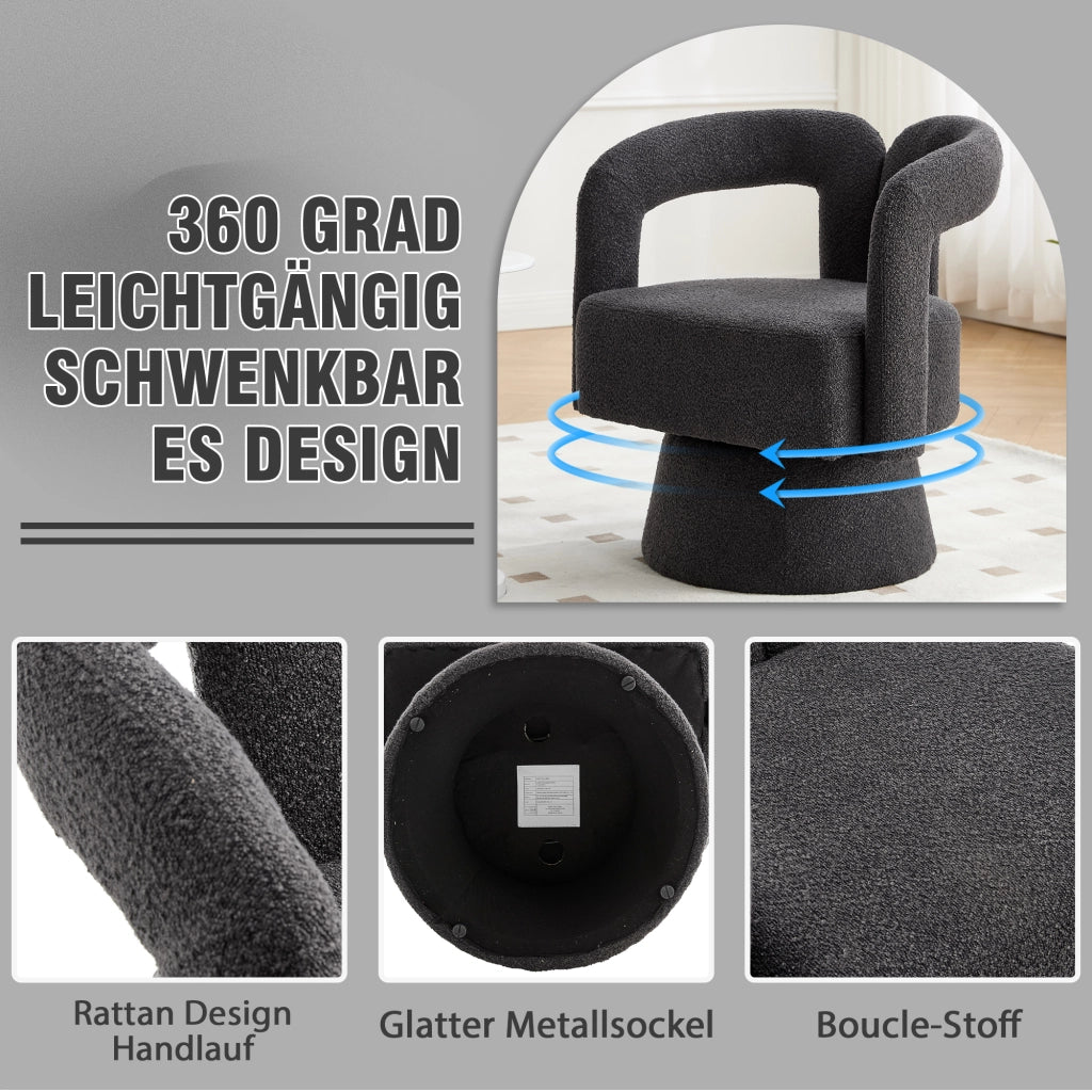 POLTRONA girevole 360° 67x55x74 cm in bouclé grigio scuro