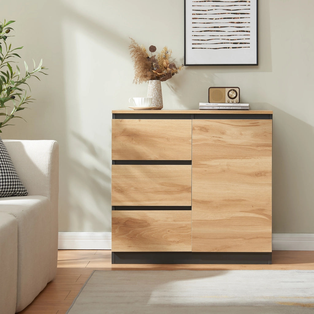 Credenza Mobile Contenitore Kyr Comò con Anta e 3 Cassetti 80 x 40 x 75 cm - Nero/Effetto Rovere Rustico [en.casa]