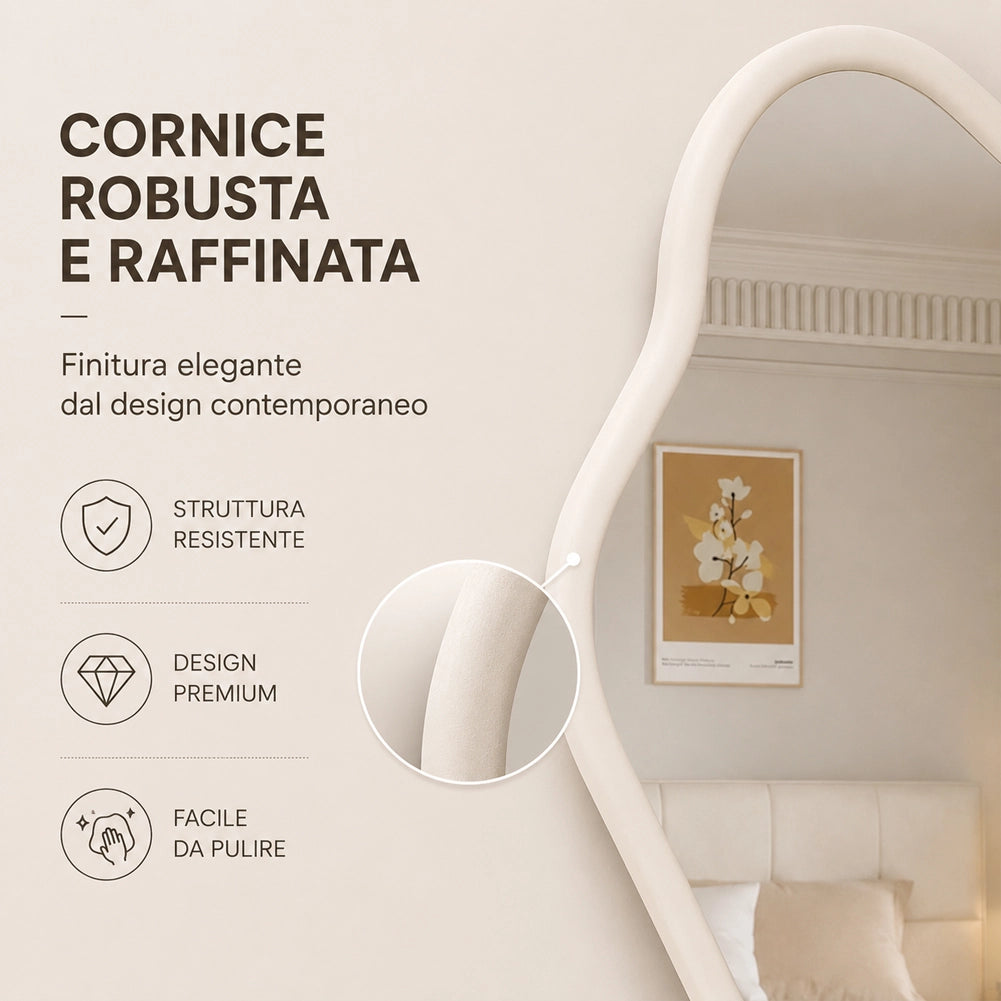 Specchio Asimmetrico da Parete Bianco Cornice Legno Decorazione Interni 46x60 cm