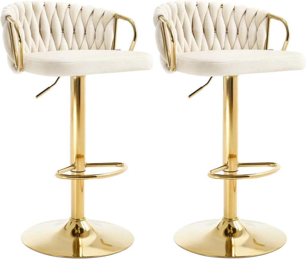 Set di 2 Sgabelli da Cucina Altezza Regolabile, Sgabelli da Bar in Velluto, Girevoli a 360°, con Base in Metallo e Poggiapiedi, Crema