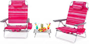 Set di 2 Sedie e Tavolino da Spiaggia Pieghevole, Schienale Regolabile a 5 Livelli, con Portatesta, Borsa Portaoggetti, Borsa Termica, per Campeggio Picnic Esterno (Rosa Scuro, Modello 2)