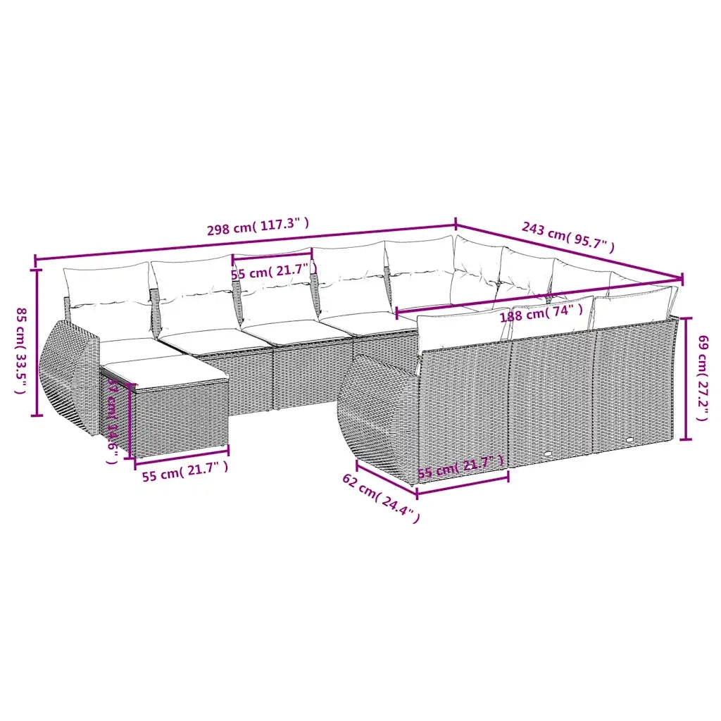 Set Divani da Giardino 11 pz con Cuscini Nero in Polyrattan 3225189