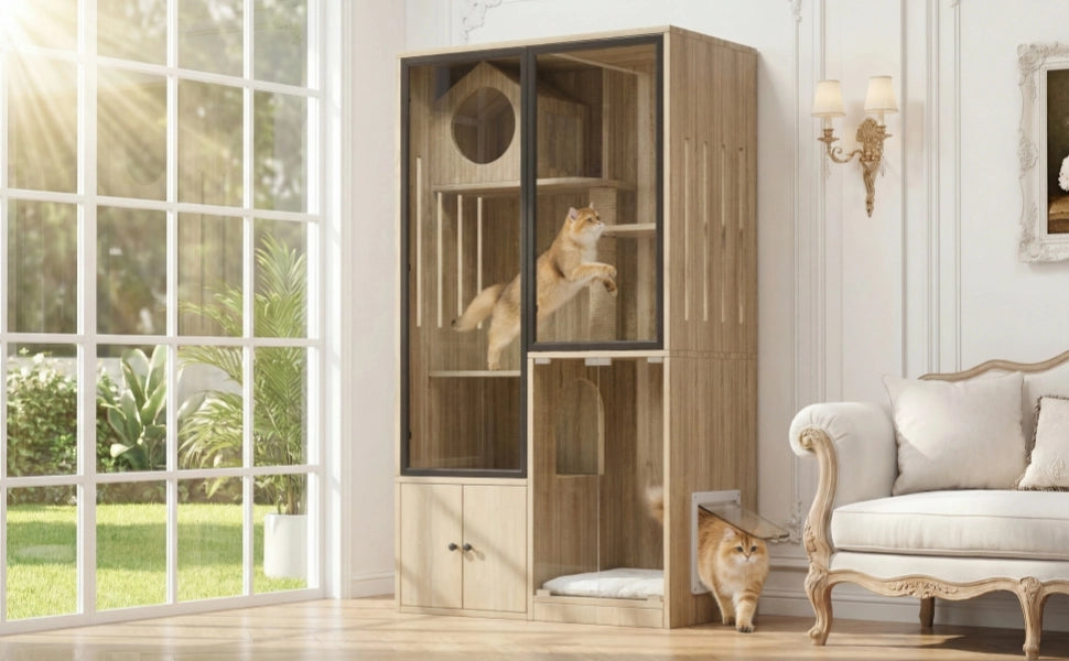 Mobile contenitore per gatti a più livelli con porta bloccabile e vetro, per interni, naturale, 90 × 50 × 160 cm
