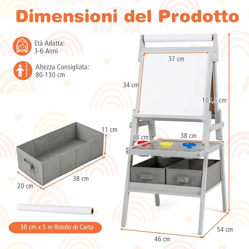 3 in 1 Cavalletto per Bambini, Cavalletto con Doppia Faccia Magnetica e Lavagna Bianca, Rotolo di Carta, 3 Bicchieri per Vernice e 2 Cestini in Tessuto, per Bambini 3-6 Anni (Grigio)