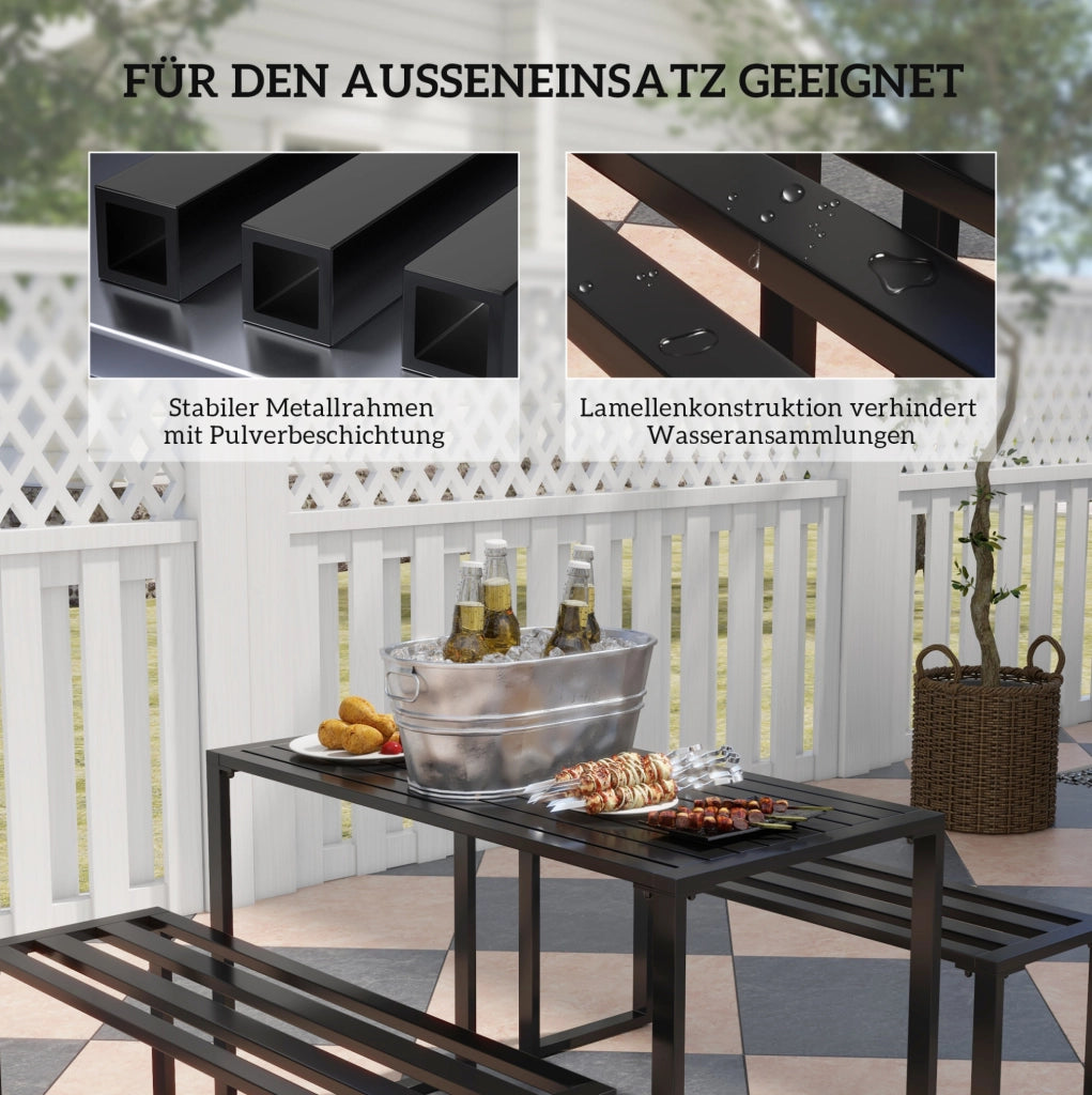 Set mobili da esterno 3 pezzi con tavolo e 2 panche in metallo nero 110x55x70 cm