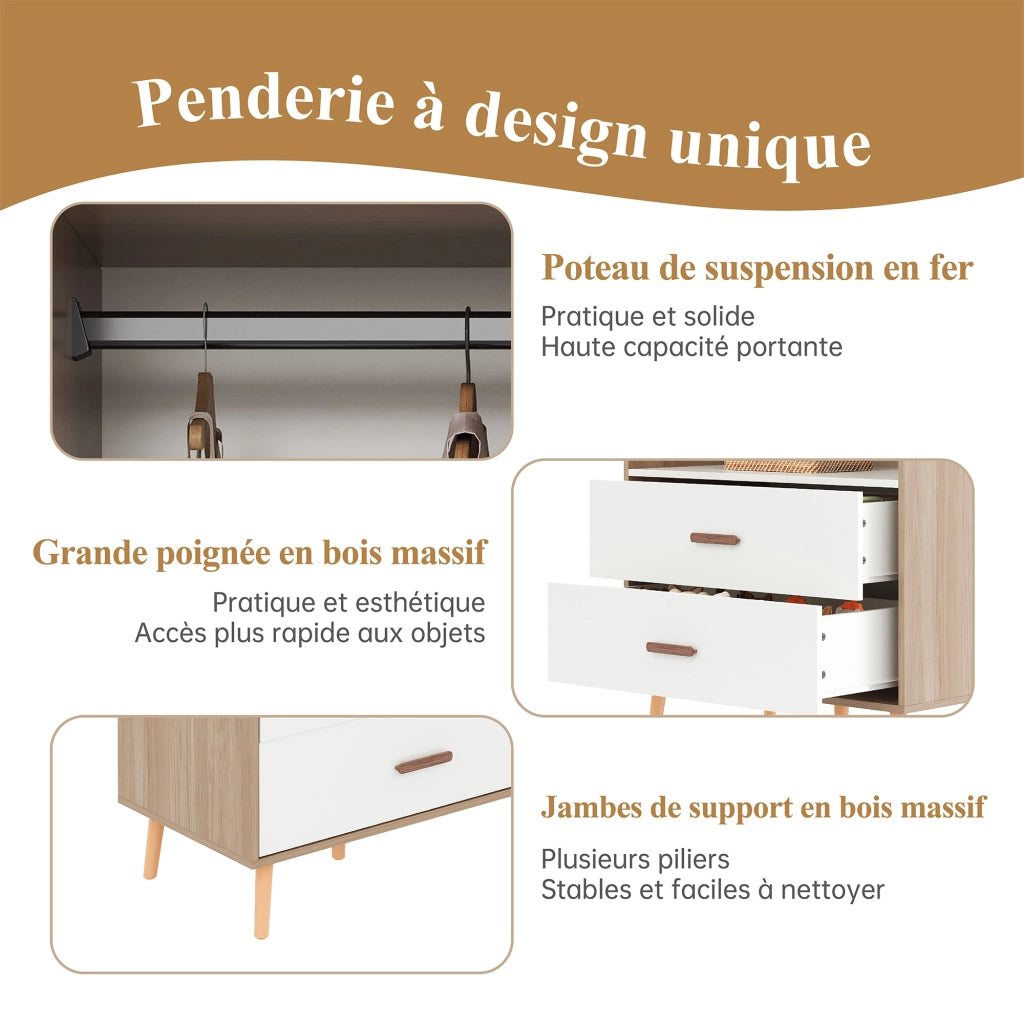 Armadio aperto con asta appendiabiti e 2 cassetti in MDF, maniglie in legno massello, per camera da letto, 80 × 46 × 141,5 cm