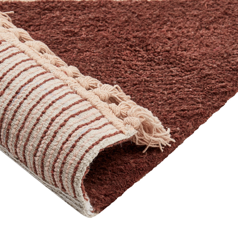 Tappeto marrone e beige in cotone 140 x 200 cm con motivo a righe e nappe in stile boho per il soggiorno