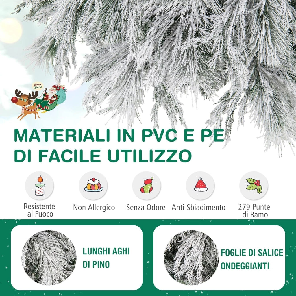 Albero di Natale Innevato 146/180 CM, Albero di Natale Artificiale Pre-Luminoso con Cerniera e 150/250 Luci LED Bianche Calde, 279/519 Punte di Ramo, Ago di Pino (146 CM)