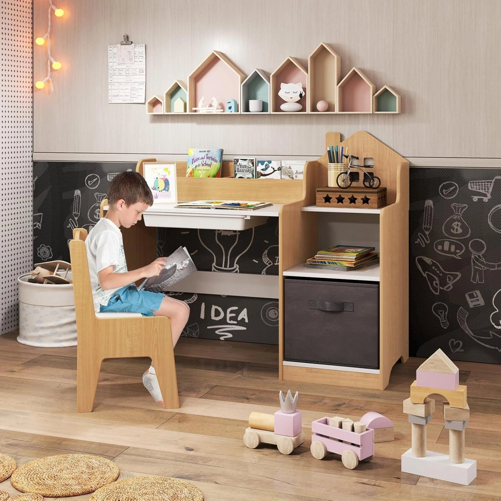 Set Scrivania e Sedia per Bambini 3-12 Anni, Tavolo e Sedia in Legno Salvaspazio con Cassetto in Plastica e Cassetto in Tessuto, Banco Scuola e Seggiola per Cameretta (Naturale)