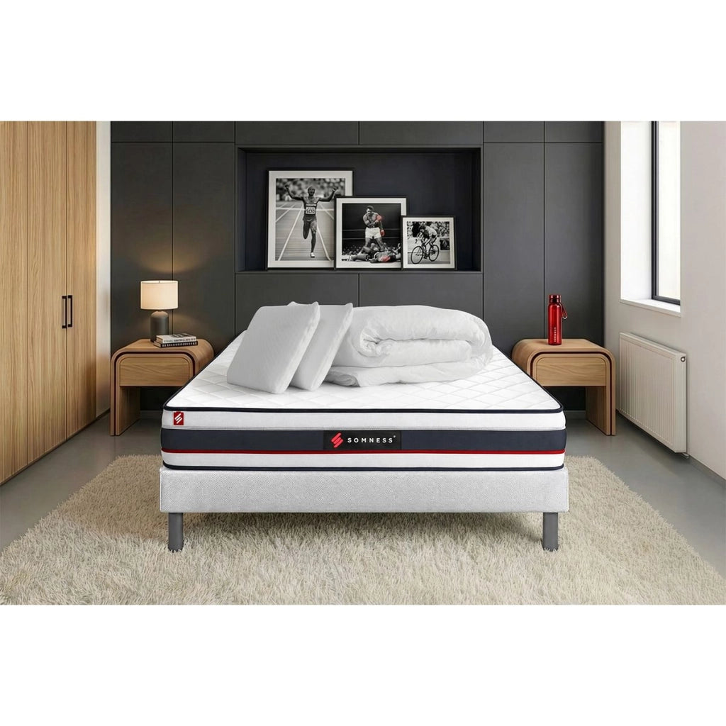 Pacchetto letto completo - Materasso 140x190cm + Box spring con doghe (kit) + 2 cuscini + Piumino - Modulo