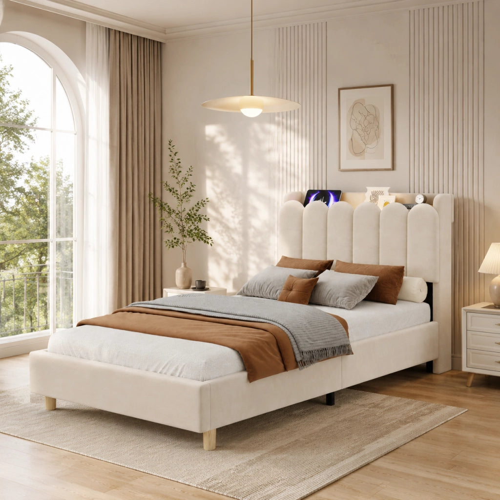 Letto singolo imbottito 90x200 cm in velluto beige, testiera contenitore, USB/Type-C e lampada da lettura