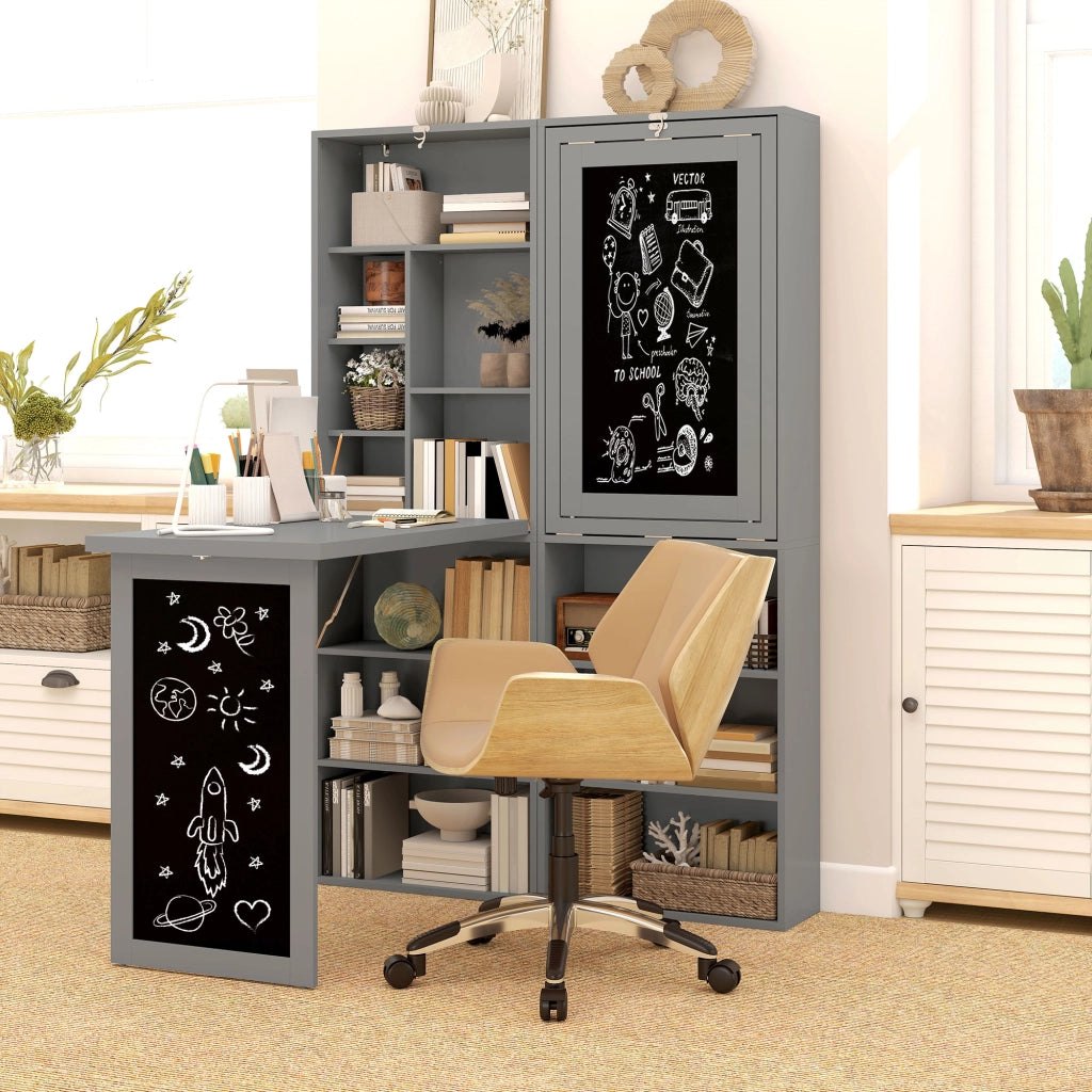 Scrivania PC Pieghevole con Libreria a 9 Ripiani in Legno e Metallo, 98x51x153 cm, Grigio