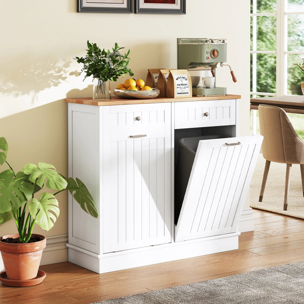 Isola da cucina con cestini ribaltabili doppi per pattumiera piano legno caucciù tagliere 2 cassetti-Mobile contenitore nascosto riciclaggio cucina