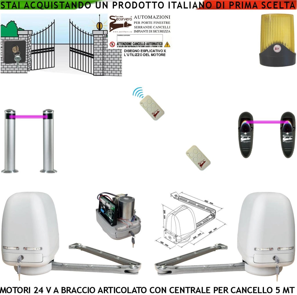 Kit 2 Motori a Braccio Articolato 24 V Cancello Automatico 2 Ante da 0,5 a 2,5 MT Centrale 220/24 V 2 Radiocomandi Faro Selettore 2 Fotocellule 2 Paline