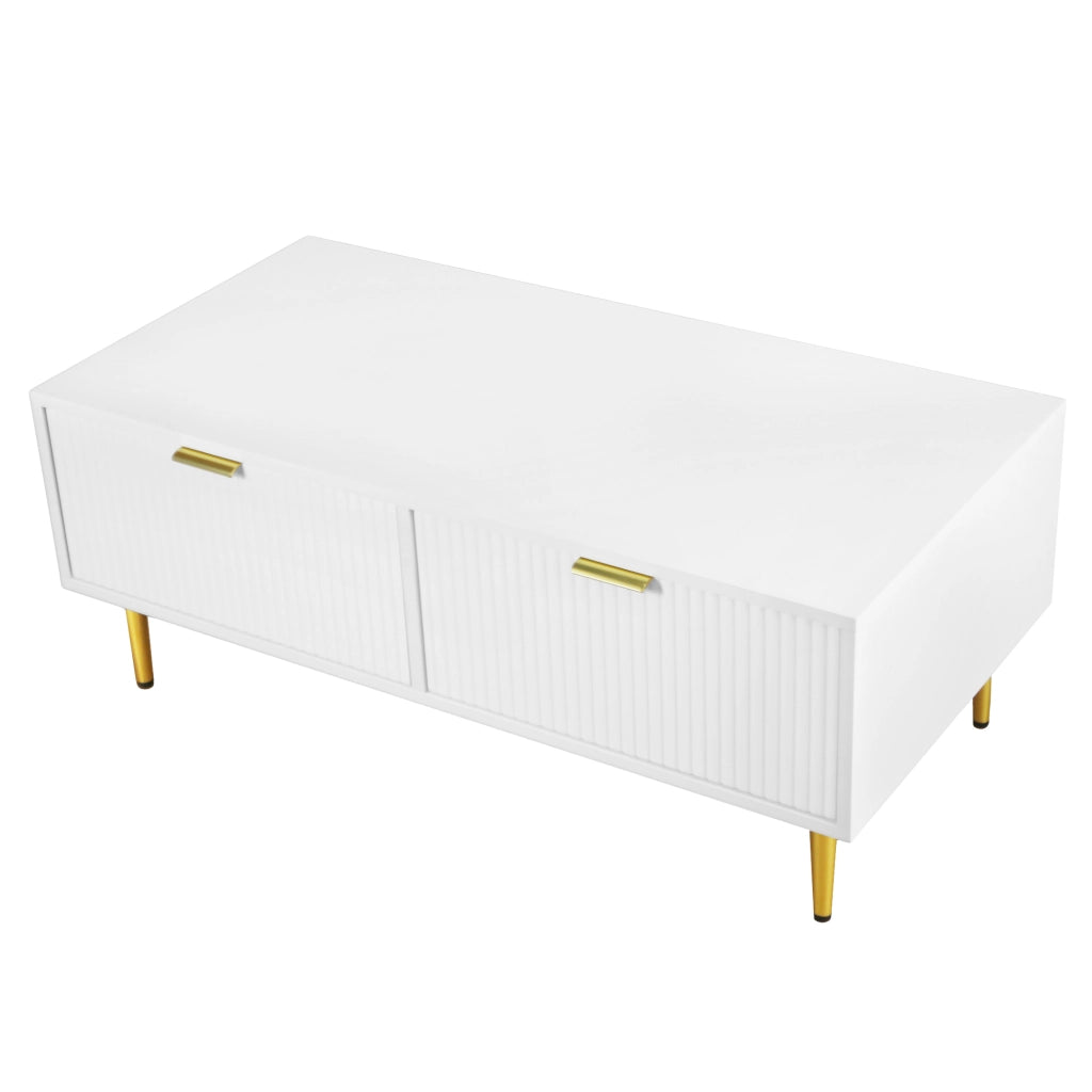 Tavolino basso con 2 cassetti e finitura a strisce verticali per soggiorno in MDF, bianco e oro, 100 × 50 × 40 cm