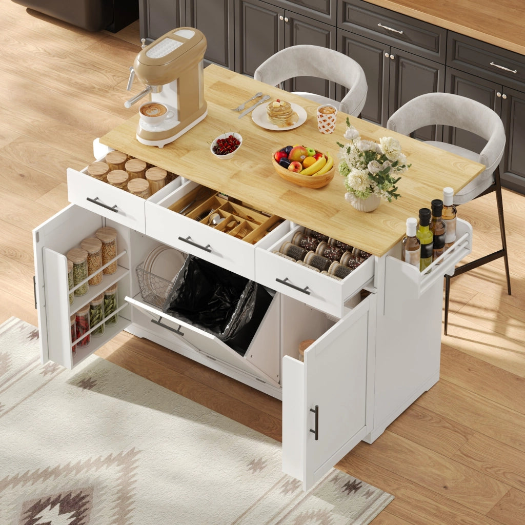 Carrello da cucina con 3 cassetti; 2 vani e vano porta rifiuti con piano ribaltabile per cucina