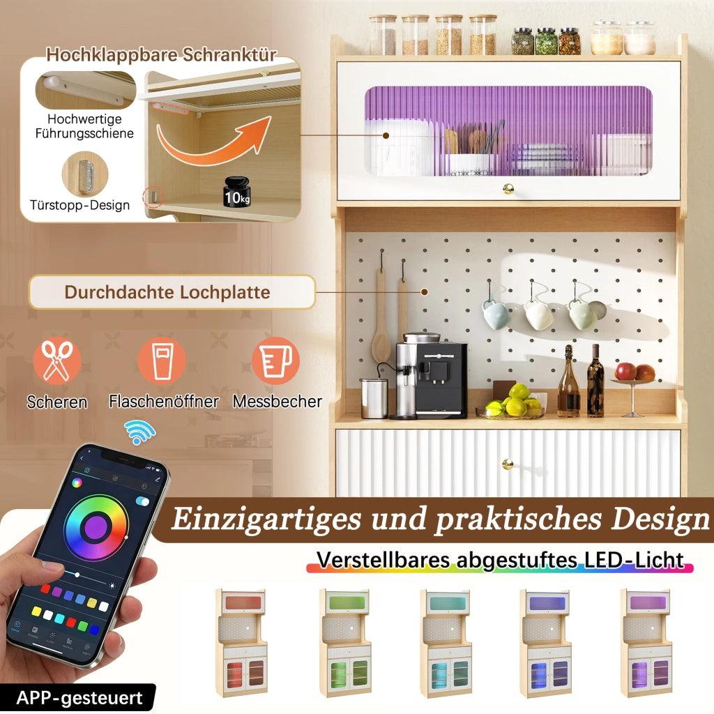 Credenza alta con ripiani regolabili e LED - per cucina - 80×40×180 cm - naturale